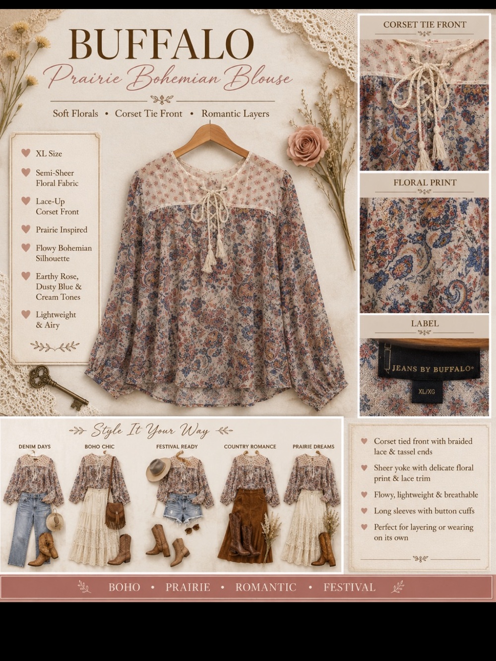 Jeans by Buffalo - corset tied front airy, boho top, sheer, floral earthy tones
